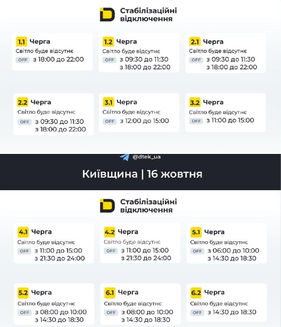 Графіки відключень для Київщини 16 жовтня 2026 року